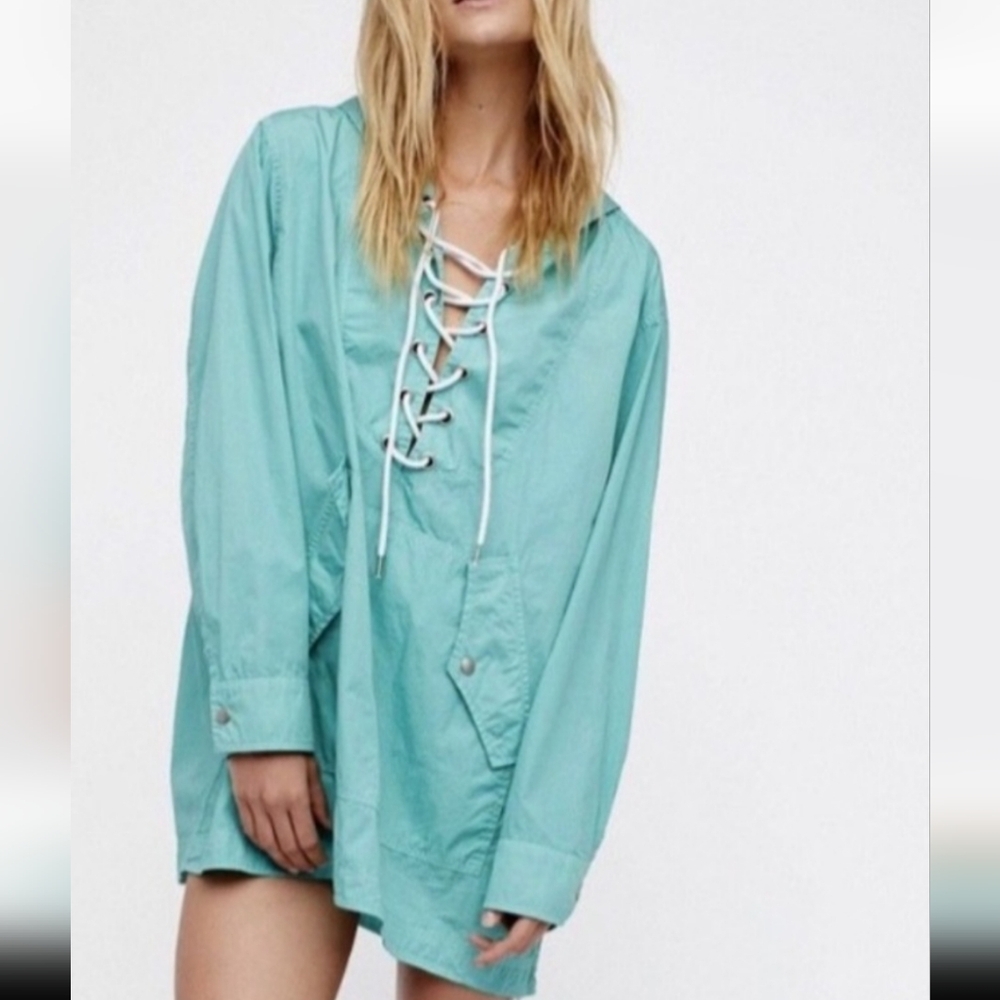 •Free People• Turquoise Hooded Lace-Up Parka XS/S